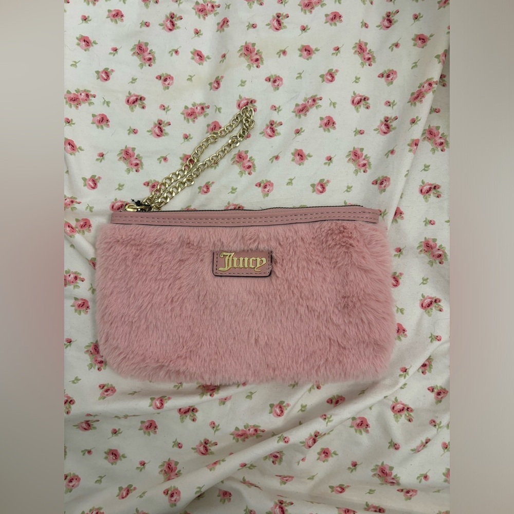 Juicy Couture Pink Plush Wristlet with Gold Accents